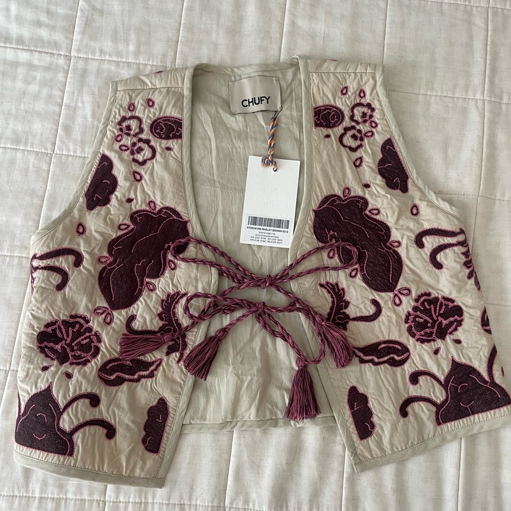 Beige and Burgundy Embroidered Vest